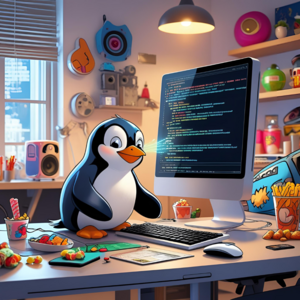 KI-generierter niedlicher Pinguin im Zeichentrickstil der vor einem Computer sitzt und programmiert. Bunt.
