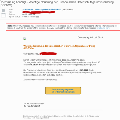 Phishing-Mail, angeblich von Amazon