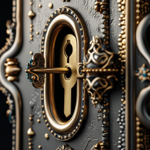 Eine exquisite Makroaufnahme eines verzierten Schlosses im mittelalterlichen Stil, auf der komplizierte Details wie das Schlüsselloch, die Schranken und dekorative Elemente zu sehen sind. Das Bild sollte eine scharfe Schärfe, feine Texturen und eine Nahaufnahmeperspektive aufweisen, die eine sehr detaillierte Handwerkskunst erkennen lässt. Die Beleuchtung sollte die metallischen Oberflächen und alle Verzierungen hervorheben. Das Bild wird in einem fotorealistischen Stil mit einer ausgewogenen Farbpalette wiedergegeben, die den Reichtum des Metalls betont.