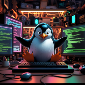 Smart aussehender Pinguin der zwischen drei Monitoren sitzt und programmiert.