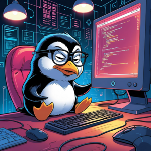 Nerdig aussehender Zeichentrick-Pinguin, der am Computer sitzt und arbeitet.