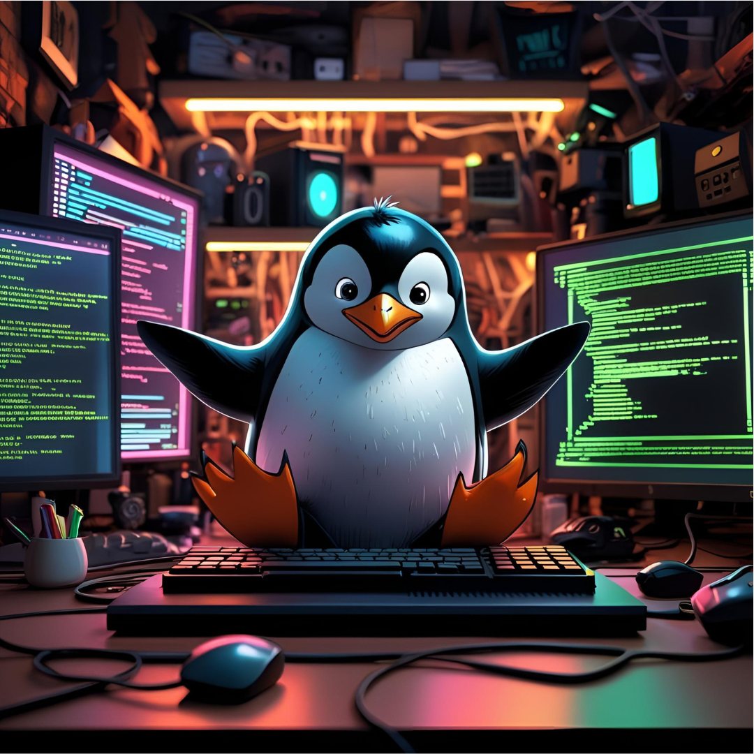 Smart aussehender Pinguin der zwischen drei Monitoren sitzt und programmiert.